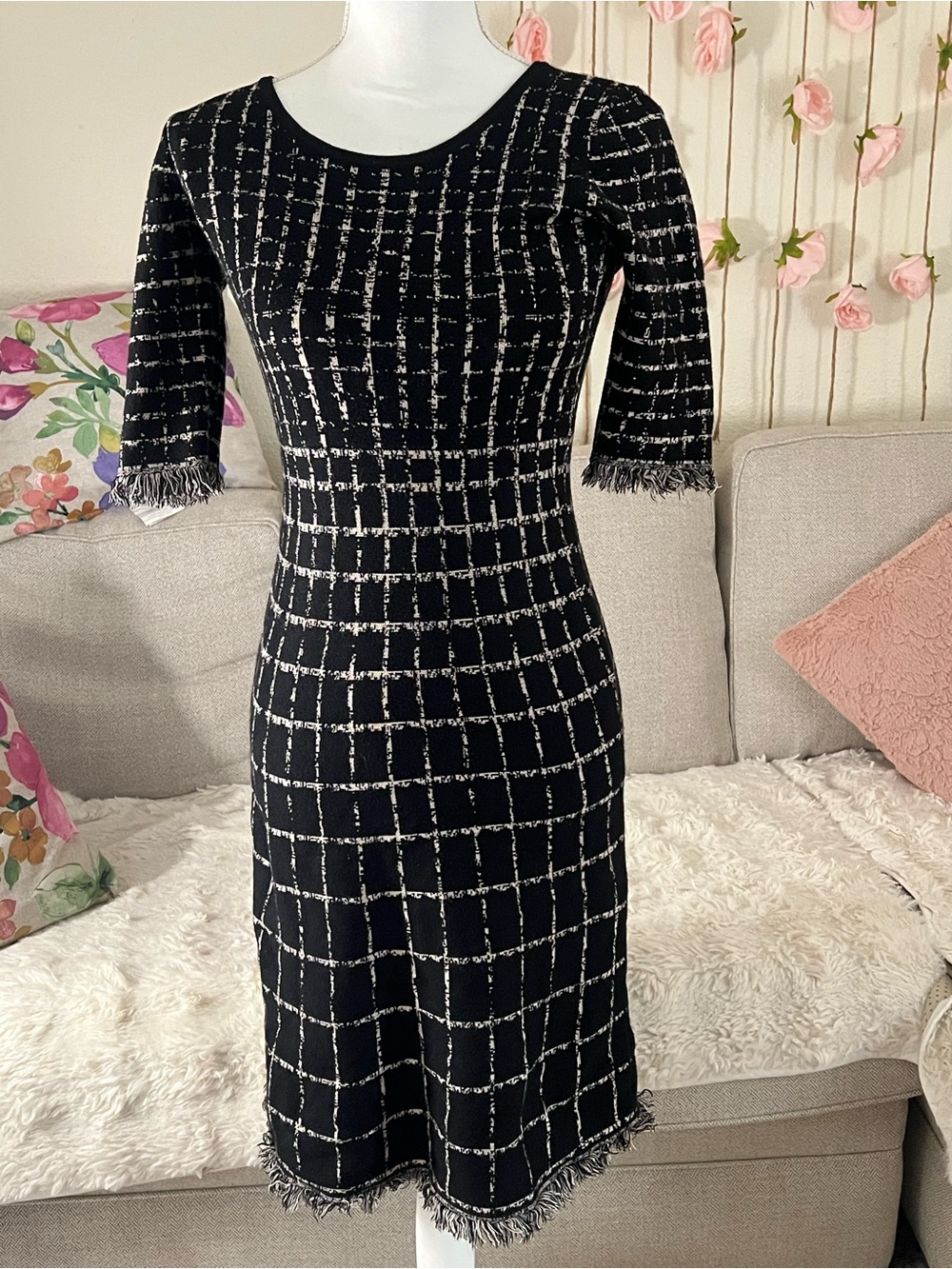 Taylor Black and White Windowpane Knit Midi Dress with Fringe